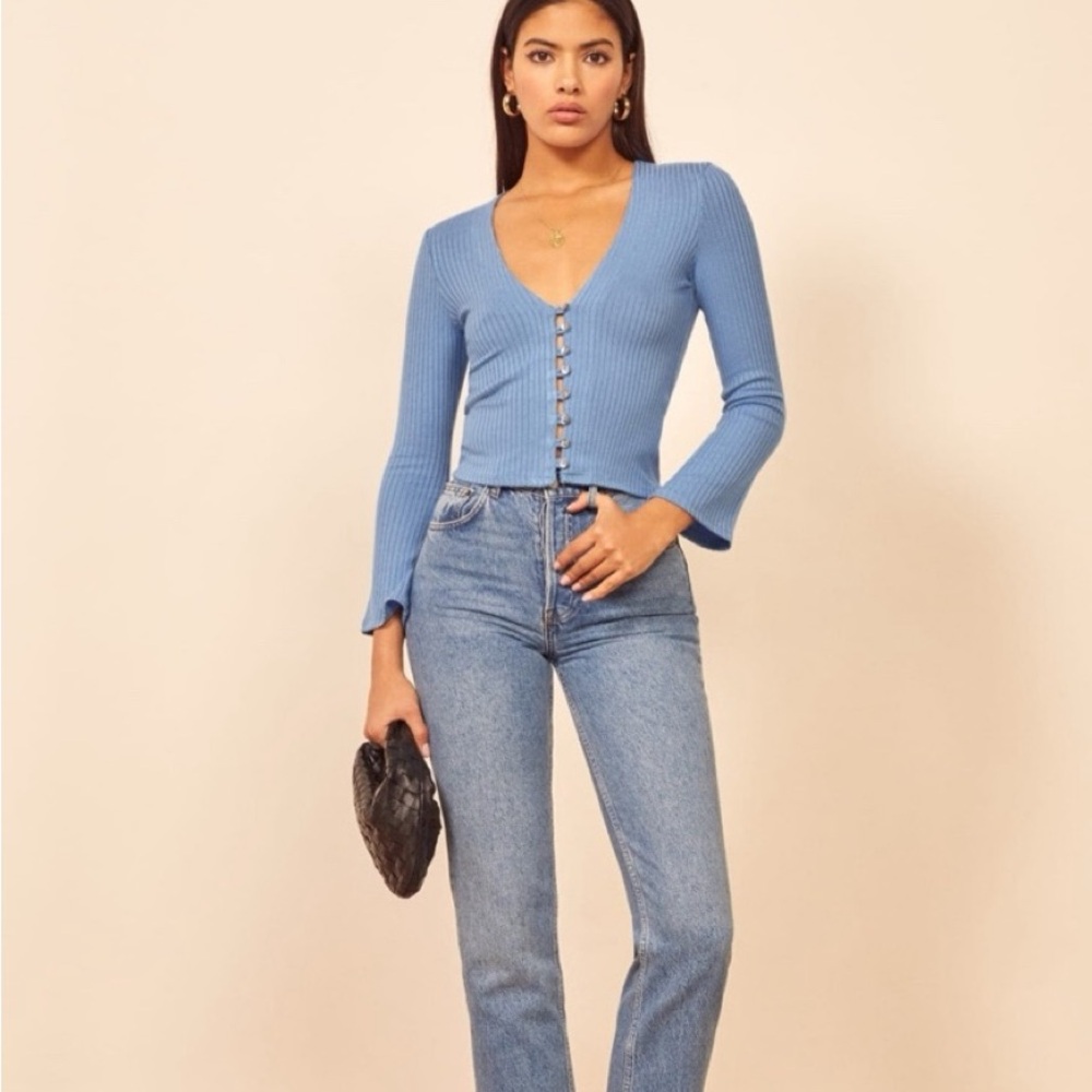 Reformation Gellar rib knit blue bell sleeves crop top/blouse Sz M